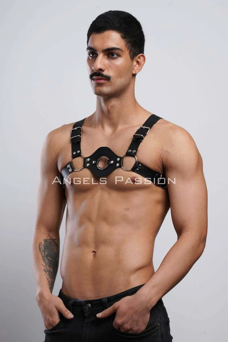 Black vegan leather O-ring chest harness with adjustable straps