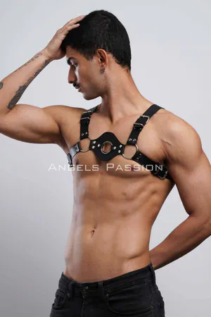 Black Faux Leather Chest Harness Men Central O-Ring Hardware Adjustable Straps
