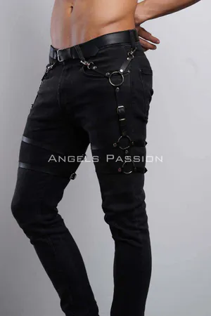 Black faux leather leg harness with adjustable straps and O-rings