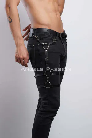 Black faux leather leg harness with adjustable straps and O-rings