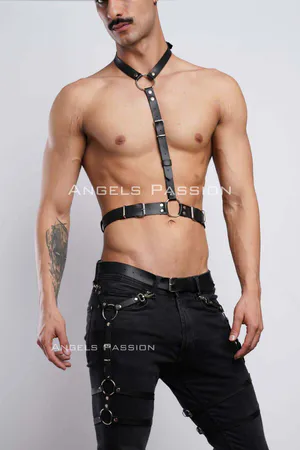 Black Faux Leather Full Body Harness with Thigh Garters adjustable straps