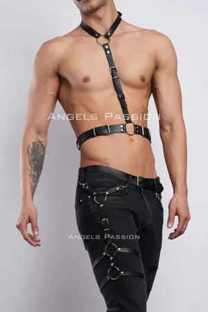 Black Faux Leather Full Body Harness with Thigh Garters adjustable straps