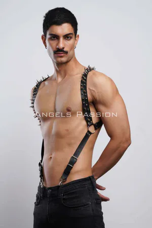 Black Faux Leather Body Harness with Spikes and O-Rings