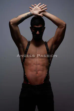 Black Spiked Vegan Leather Chest Harness for Men Adjustable Straps