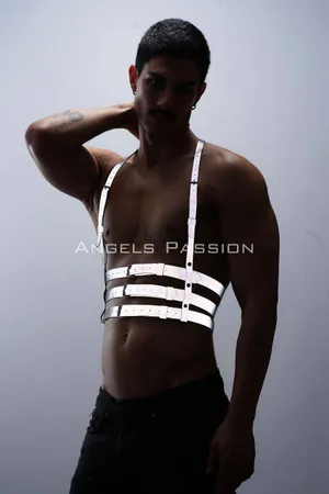 Reflective chest harness with adjustable straps worn by a man