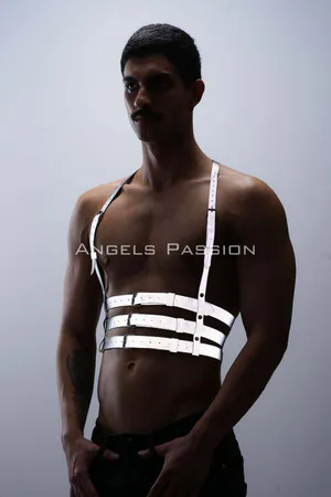 Reflective chest harness with adjustable straps worn by a man