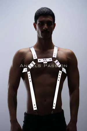 Reflective Vegan Leather Chest Harness Men Silver O-Ring Design
