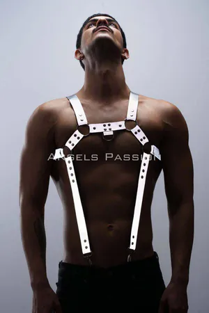 Reflective Vegan Leather Chest Harness Men Silver O-Ring Design