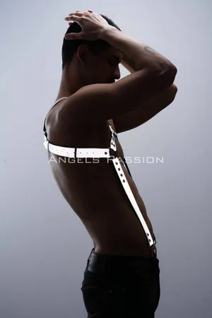 Reflective Vegan Leather Chest Harness Men Silver O-Ring Design