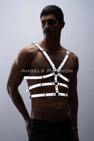 Reflective vegan leather chest harness with O-ring detail for men
