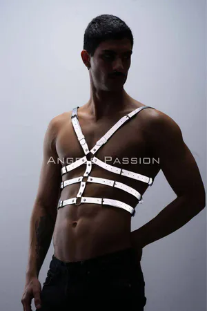 Reflective vegan leather chest harness with O-ring detail for men