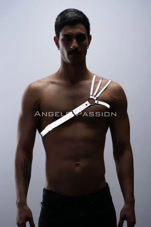 Silver Reflective Chest Harness Vegan Leather with O-Ring and Triple Shoulder Straps