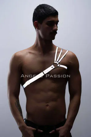 Silver Reflective Chest Harness Vegan Leather with O-Ring and Triple Shoulder Straps
