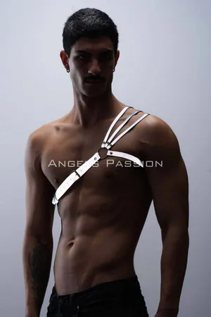 Silver Reflective Chest Harness Vegan Leather with O-Ring and Triple Shoulder Straps