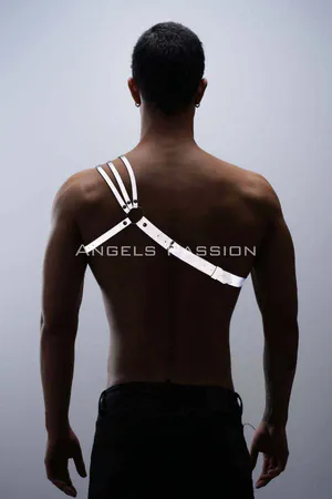 Silver Reflective Chest Harness Vegan Leather with O-Ring and Triple Shoulder Straps