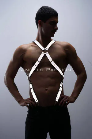 Reflective body harness with O-ring chest detail, silver straps, silver hardware