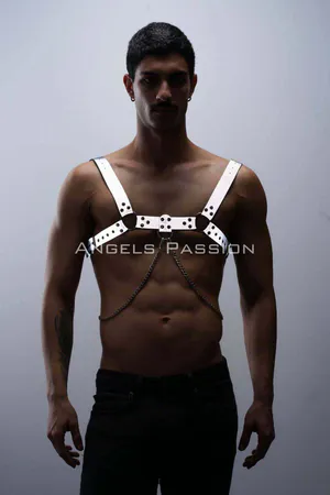 Reflective Chest Harness Silver Vegan Leather Studs Detachable Chain