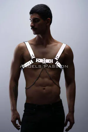Reflective Chest Harness Silver Vegan Leather Studs Detachable Chain