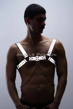 Reflective Chest Harness Silver Vegan Leather Studs Detachable Chain