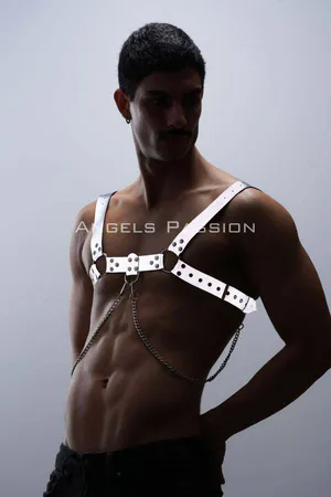 Reflective Chest Harness Silver Vegan Leather Studs Detachable Chain