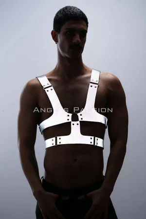White Reflective Chest Harness Men Adjustable Straps Front View