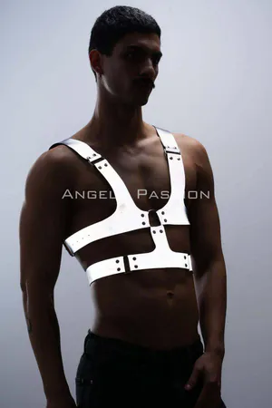 White Reflective Chest Harness Men Adjustable Straps Front View