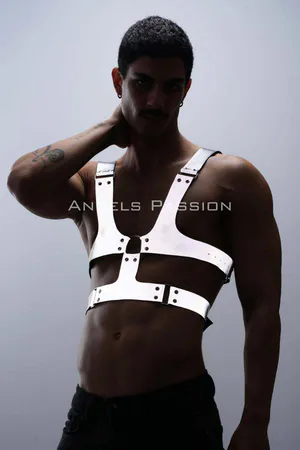 White Reflective Chest Harness Men Adjustable Straps Front View