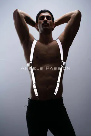 Reflective Chest Harness Suspenders Vegan Leather Silver Hardware