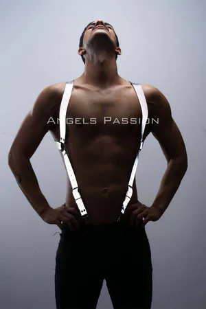 Reflective Chest Harness Suspenders Vegan Leather Silver Hardware