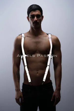 Reflective Chest Suspenders Harness Silver Adjustable Straps on Male Model
