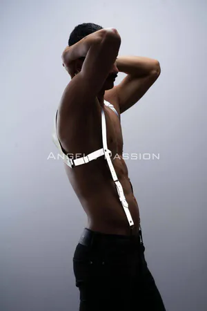 Reflective Chest Suspenders Harness Silver Adjustable Straps on Male Model