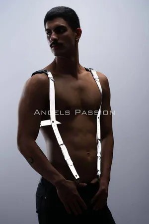 Reflective Chest Suspenders Harness Silver Adjustable Straps on Male Model