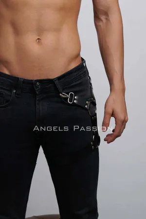 Black Faux Leather Leg Harness with Silver O-Rings and Adjustable Strap