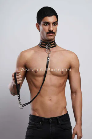 Black faux leather strappy choker with O-ring and leash