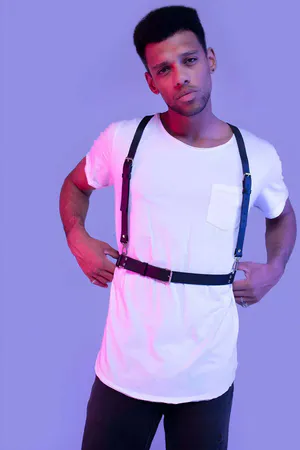 Black adjustable faux leather suspenders harness with matte black hardware