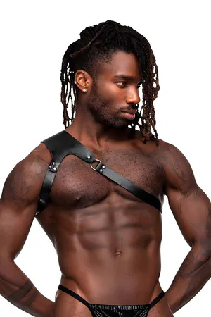 Black Faux Leather One Shoulder Chest Harness for Men with Silver O-Ring Hardware