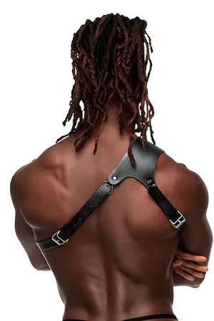 Black Faux Leather One Shoulder Chest Harness for Men with Silver O-Ring Hardware