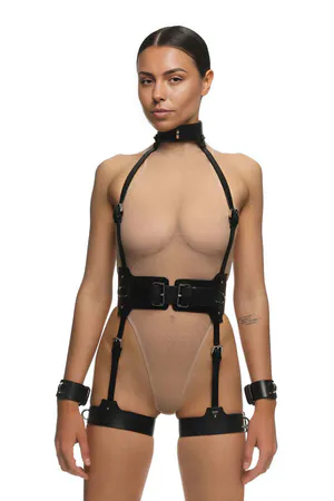 Black Vegan Leather Full Body Harness Set with Neck Collar and Wrist Cuffs