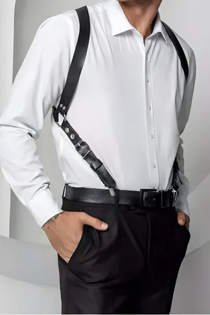 Black faux leather adjustable shoulder harness for men