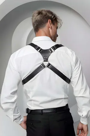Black faux leather adjustable shoulder harness for men