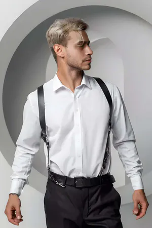 Black faux leather adjustable shoulder harness worn by a person