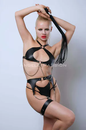 Black Faux Leather Full Body Harness & Garter Set with Chains