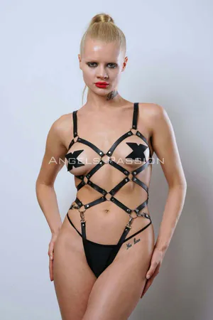 Black Faux Leather Strappy Body Harness with O-Ring Accents