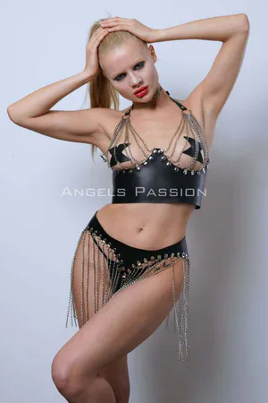 Black Faux Leather Bra Top and Chain Fringe Skirt Set Studded Details