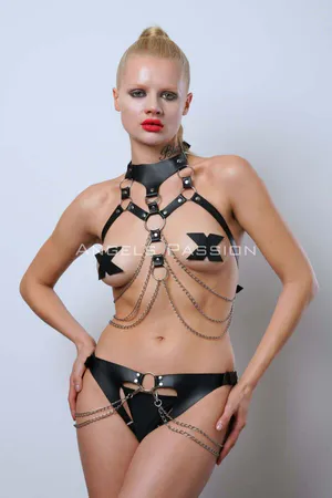 Black Faux Leather Harness Set with Choker Chains O-Rings
