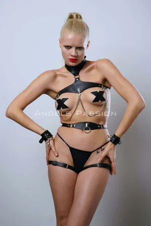 Black Faux Leather Full Body Harness Set with Silver Chains and Garters