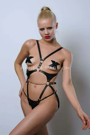 Ağ Bölgesi Açık Deri Body Harness, Deri Fantezi Giyim, Clubwear - APFT1170