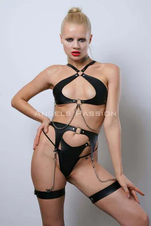Black Faux Leather Harness Set with Chain Details and Halter Bra