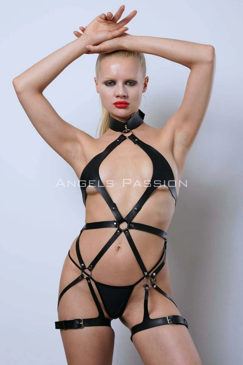 Faux leather black body harness