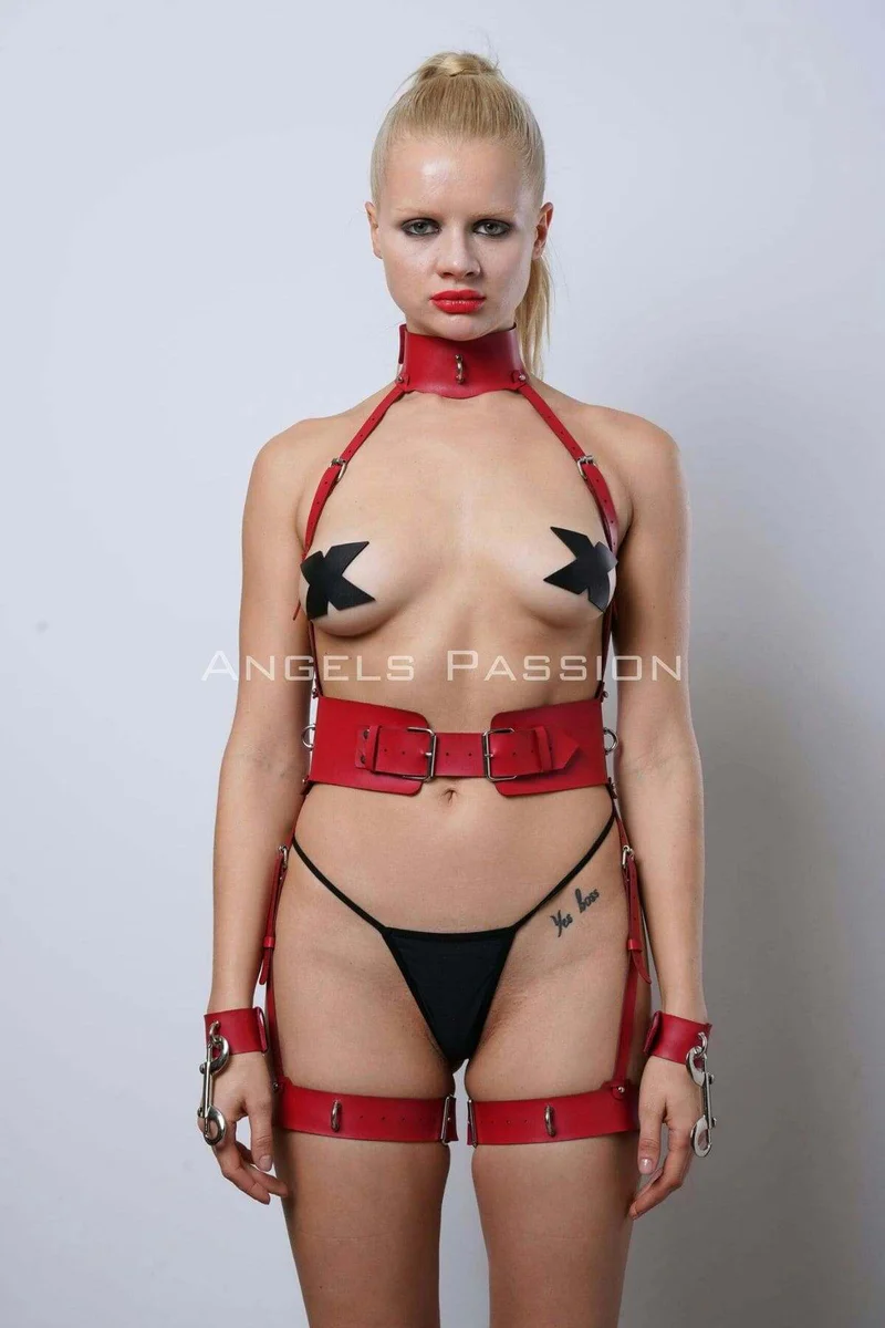 Red Vegan Leather Harness Set Choker and